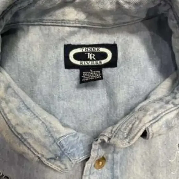 Three Rivers Hand Painted Floral Denim Button-Up Shirt - Picture 2 of 5